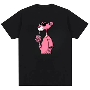 Pink Panther Họa tiết in hình vui nhộn Vải chất lượng cao Thời trang trung tính Áo thun Cotton nguyên chất