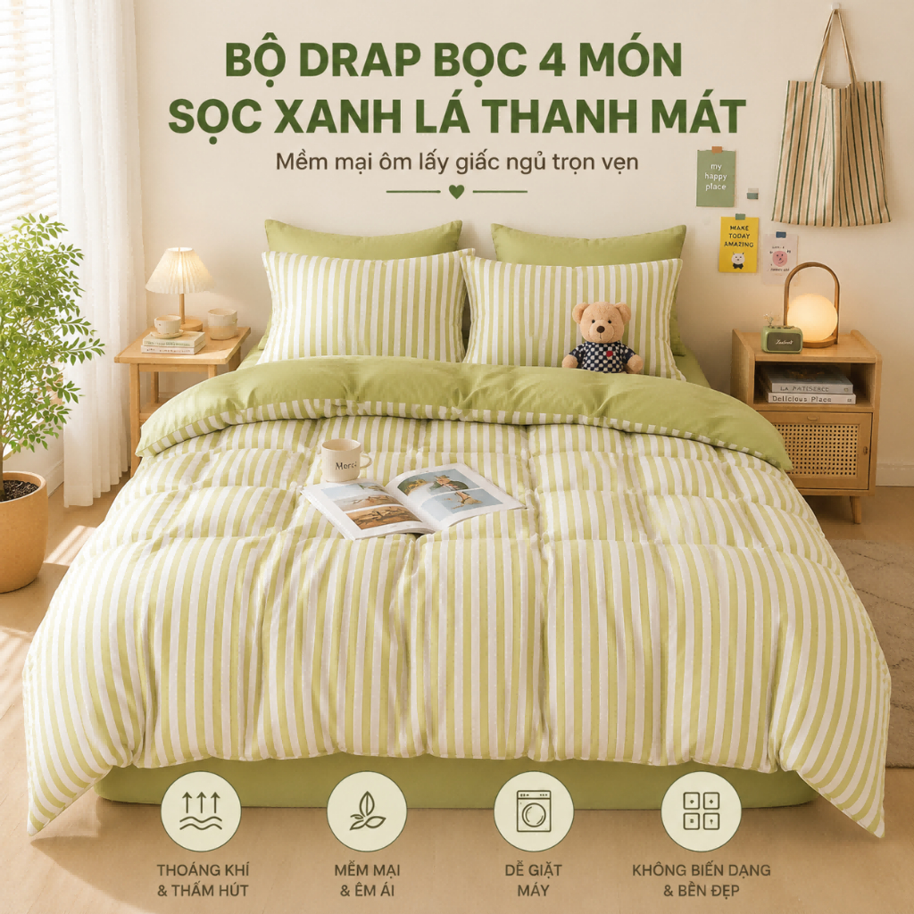 Bộ Chăn Ga Gối 4 Món Sọc Xanh Lá Mát Mẻ, Sẵn Kho, Ship Miễn Phí, Mềm Mại Thoáng Khí