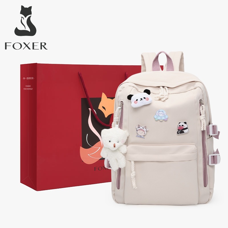 Ba lô nữ sức chứa lớn 15 inch FOXER, Ba lô học sinh, có khóa Velcro và túi giấy, thoải mái và chống thấm nước