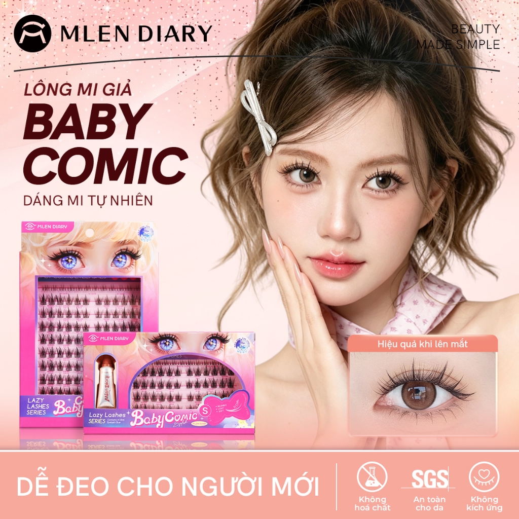 MLEN DIARY Mi Giả Baby Comic Anime 9-12mm - Mi Cong Chữ C Mềm Mại, Dáng Mi Tự Nhiên Cho Người Mới Bắt Đầu