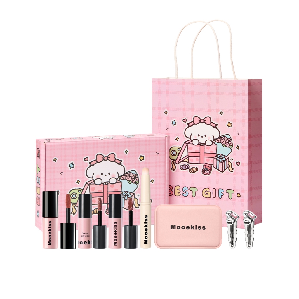 [BOX] Mooekiss Happy Dog Hộp quà tặng Lip Mud, Lip Glaze, Son môi, Phim hoạt hình Cô gái dễ thương Bộ trang điểm Dễ tô màu, Tự nhiên và bền 1g * 3