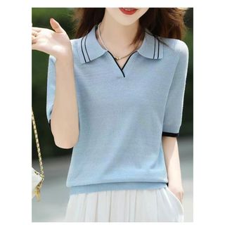 POLO Cổ Áo Dệt Kim Ngắn Tay Nữ Mùa Hè Mỏng Ve Áo Ice Silk Áo Thun Nửa Tay