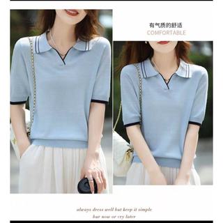 POLO Cổ Áo Dệt Kim Ngắn Tay Nữ Mùa Hè Mỏng Ve Áo Ice Silk Áo Thun Nửa Tay