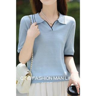 POLO Cổ Áo Dệt Kim Ngắn Tay Nữ Mùa Hè Mỏng Ve Áo Ice Silk Áo Thun Nửa Tay