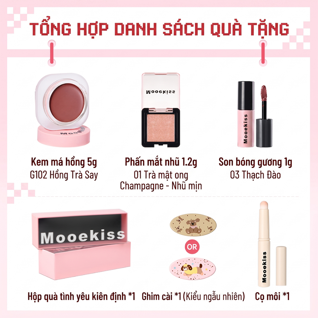 [BOX] Bộ trang điểm quà tặng ngày lễ tình nhân Mooekiss, đất sét môi, men môi gương, men nhung, son môi, đĩa nâng da, men môi hai đầu
