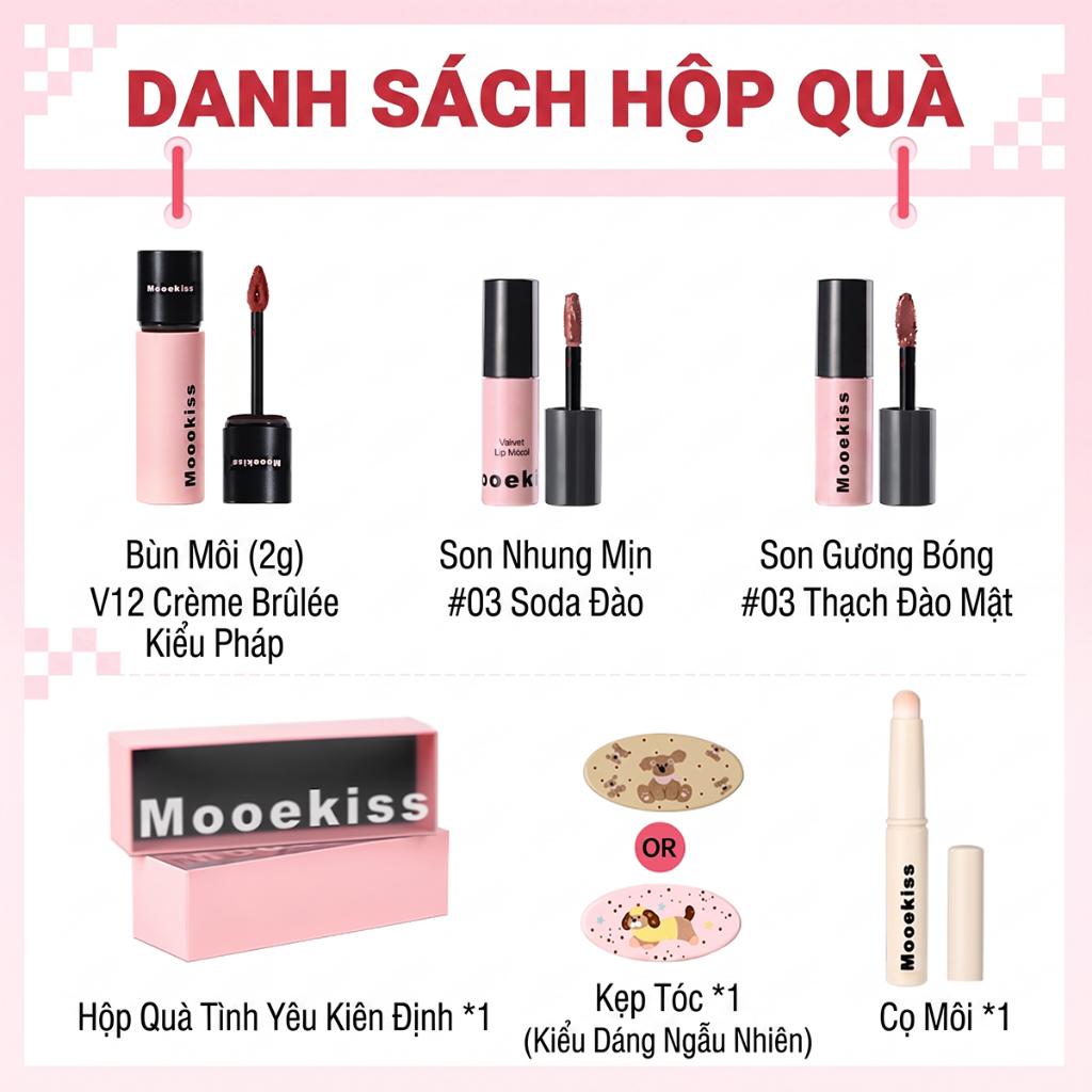 [BOX] Bộ trang điểm quà tặng ngày lễ tình nhân Mooekiss, đất sét môi, men môi gương, men nhung, son môi, đĩa nâng da, men môi hai đầu