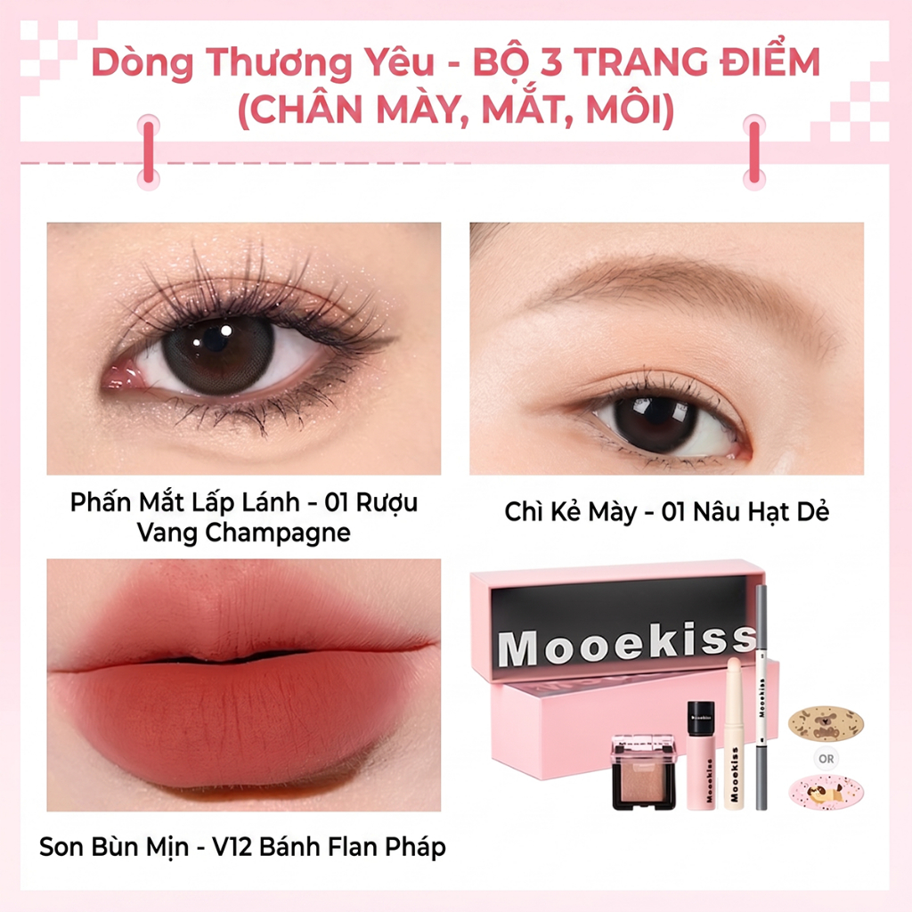 [BOX] Bộ trang điểm quà tặng ngày lễ tình nhân Mooekiss, đất sét môi, men môi gương, men nhung, son môi, đĩa nâng da, men môi hai đầu