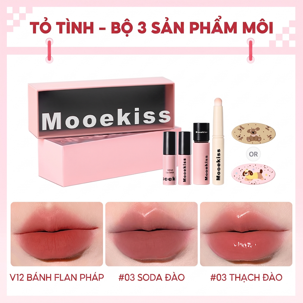 [BOX] Bộ trang điểm quà tặng ngày lễ tình nhân Mooekiss, đất sét môi, men môi gương, men nhung, son môi, đĩa nâng da, men môi hai đầu
