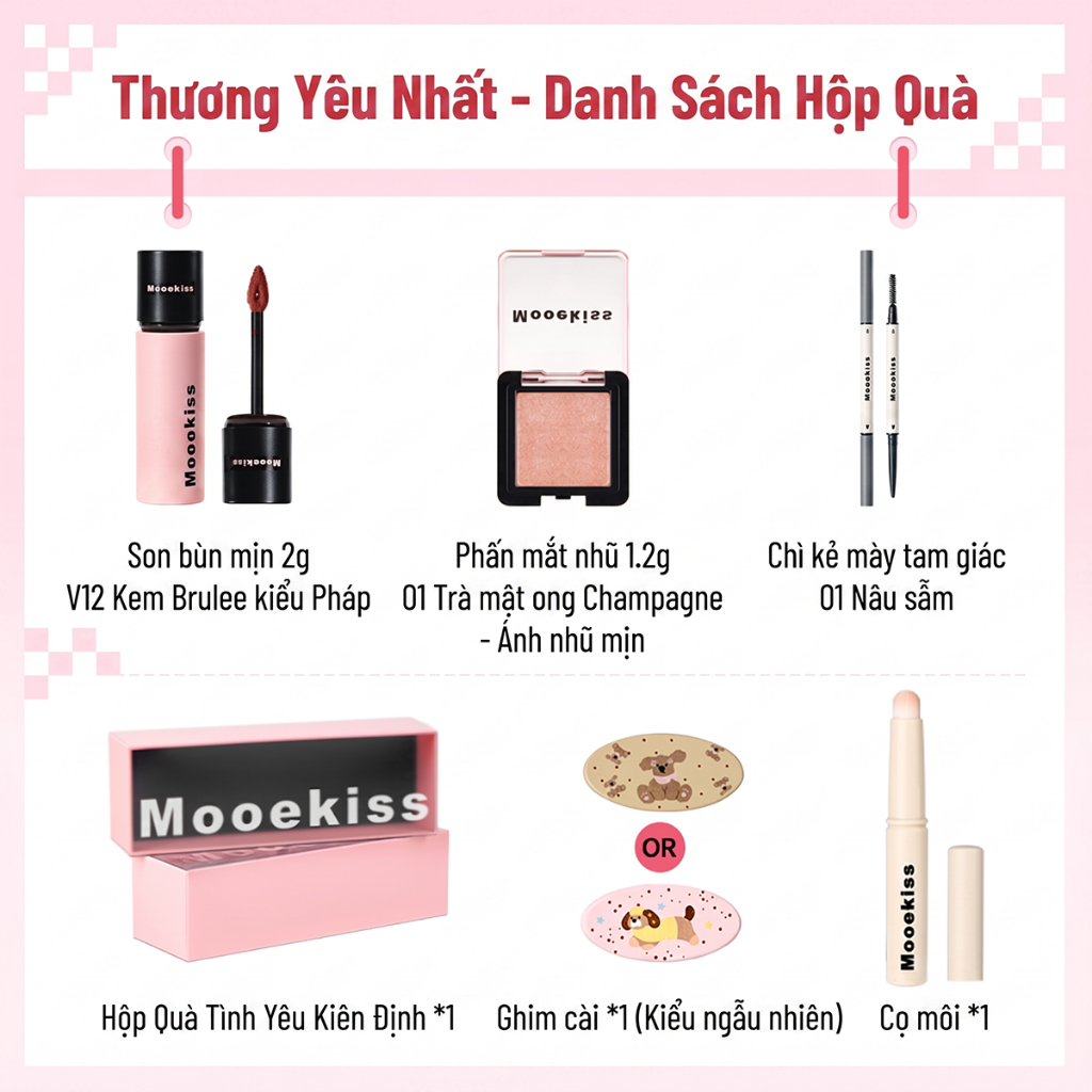 [BOX] Bộ trang điểm quà tặng ngày lễ tình nhân Mooekiss, đất sét môi, men môi gương, men nhung, son môi, đĩa nâng da, men môi hai đầu
