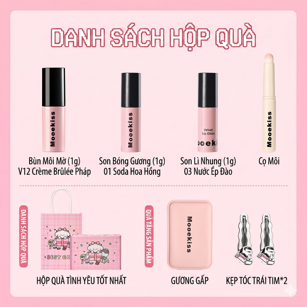 [BOX] Mooekiss Happy Dog Hộp quà tặng Lip Mud, Lip Glaze, Son môi, Phim hoạt hình Cô gái dễ thương Bộ trang điểm Dễ tô màu, Tự nhiên và bền 1g * 3