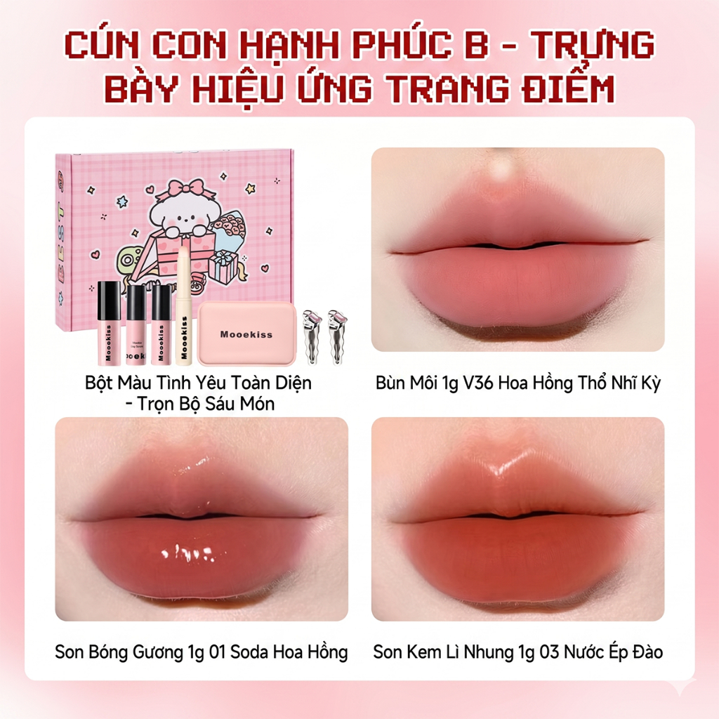 [BOX] Mooekiss Happy Dog Hộp quà tặng Lip Mud, Lip Glaze, Son môi, Phim hoạt hình Cô gái dễ thương Bộ trang điểm Dễ tô màu, Tự nhiên và bền 1g * 3