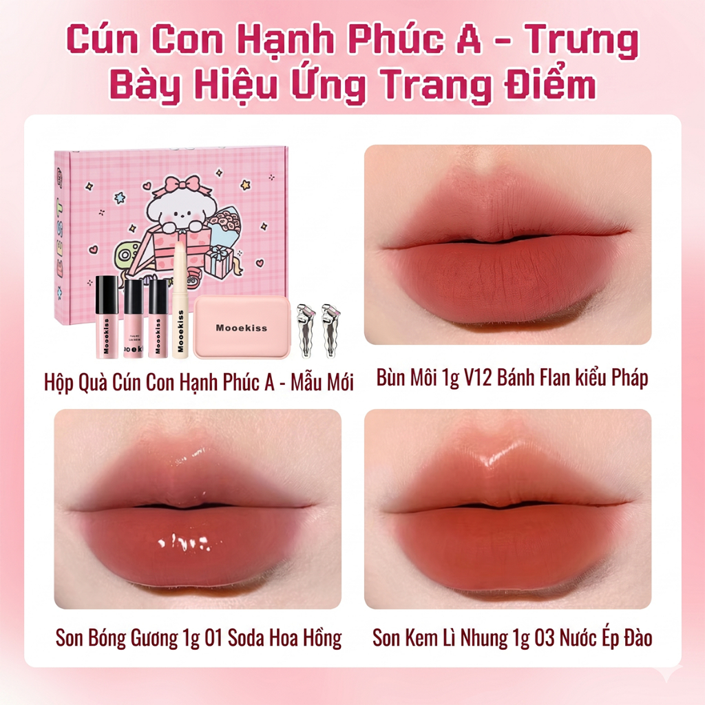 [BOX] Mooekiss Happy Dog Hộp quà tặng Lip Mud, Lip Glaze, Son môi, Phim hoạt hình Cô gái dễ thương Bộ trang điểm Dễ tô màu, Tự nhiên và bền 1g * 3