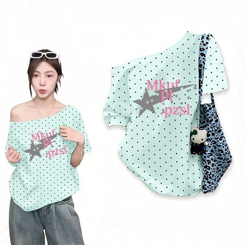 Áo thun ngắn tay chấm bi hợp thời trang dành cho nữ in hình dáng rộng thời trang