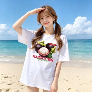 Áo thun nữ rộng suông tay ngắn trắng in họa tiết trái cây măng cụt‌ chất cotton mềm mại mùa hè dễ phối đồ