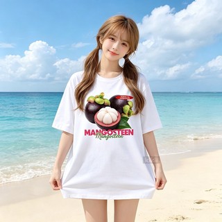 Áo thun nữ rộng suông tay ngắn trắng in họa tiết trái cây măng cụt‌ chất cotton mềm mại mùa hè dễ phối đồ
