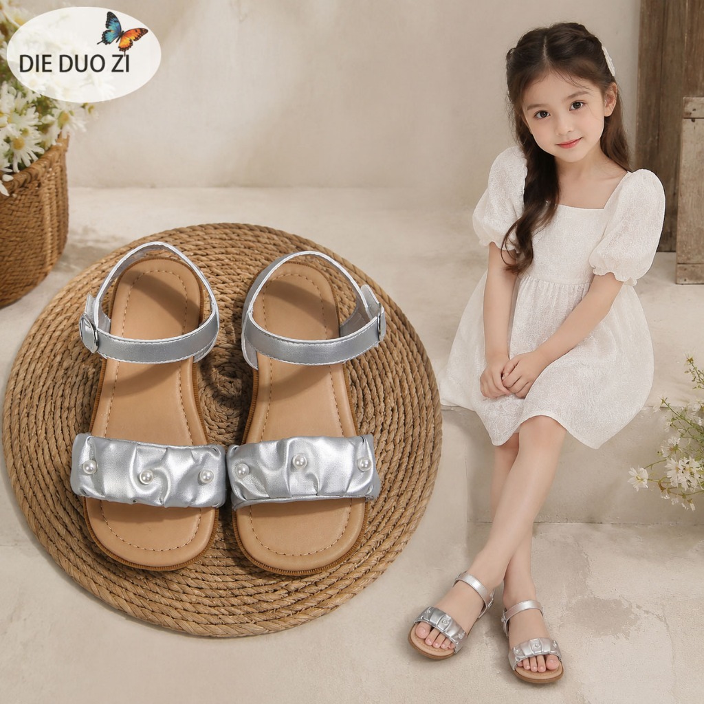 Bé Gái Sáng Bóng Kim Loại Đôi Dây Sandal, Kim Cương Giả Trang Trí Mũi Mở Xăng đan Phẳng Có Thể Điều Chỉnh Mắt Cá Chân Velcro Đế Cao Su Chống Trơn Trượt Trẻ Em Mùa Hè Giày Thường Ngày