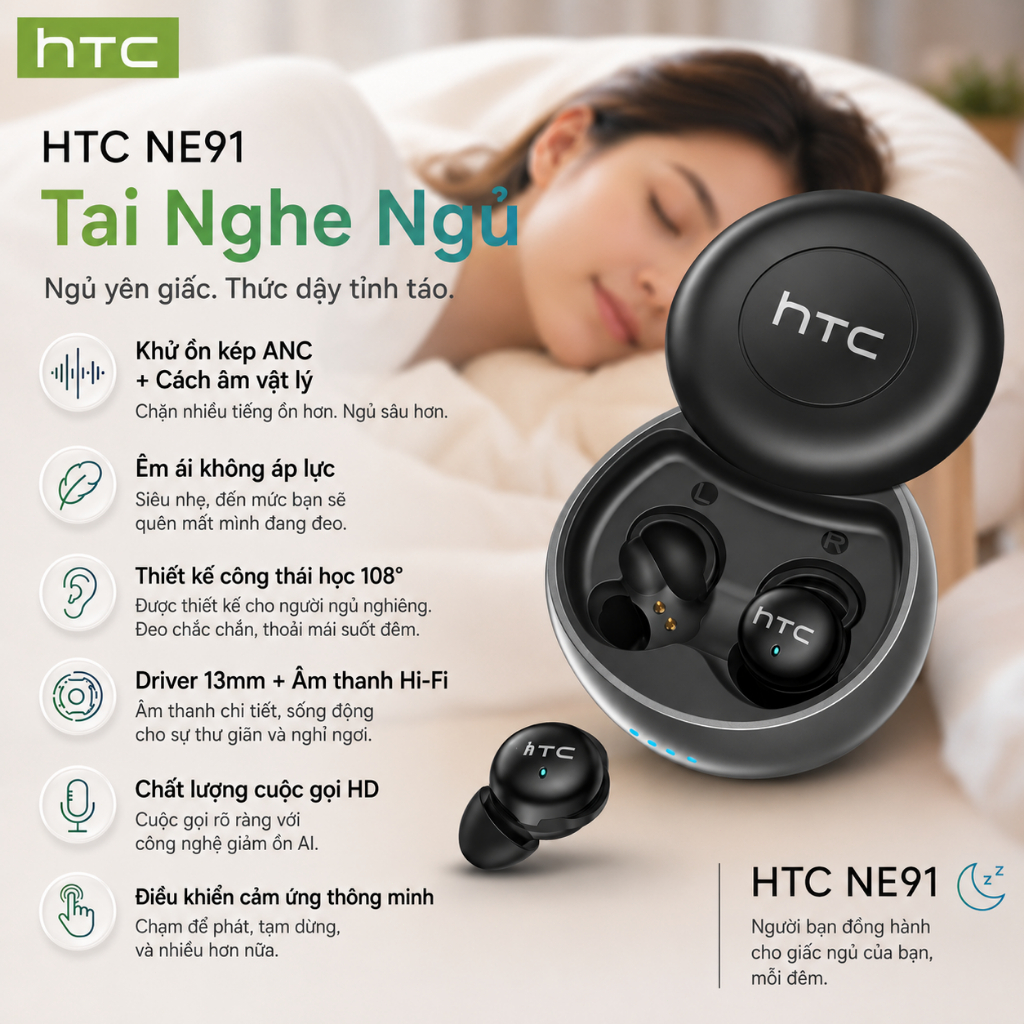 HTC NE91 Tai nghe chống ồn khi ngủ Chống ồn kép (ANC + Vật lý), thiết kế ôm khít 108°, Bluetooth 6.0, chất lượng âm thanh Hi-Fi.