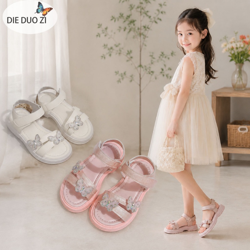 Bé Gái Lấp Lánh Kim Cương Giả Bướm Dép, Dây Đeo Đôi Mũi Mở Đế Bằng Dép Có Thể Điều Chỉnh Mắt Cá Chân Velcro Đế Cao Su Chống Trơn Trượt Trẻ Em Mùa Hè Đầm Công Chúa Giày