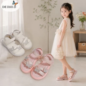 Bé Gái Lấp Lánh Kim Cương Giả Bướm Dép, Dây Đeo Đôi Mũi Mở Đế Bằng Dép Có Thể Điều Chỉnh Mắt Cá Chân Velcro Đế Cao Su Chống Trơn Trượt Trẻ Em Mùa Hè Đầm Công Chúa Giày