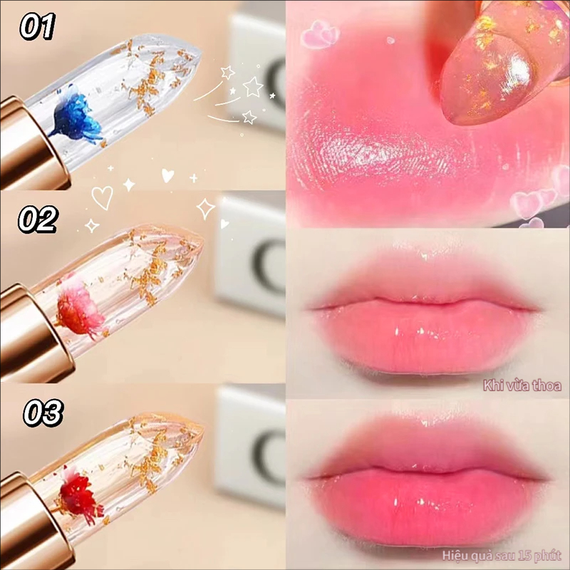 HAI HỒNG Pha Lê Trong Suốt Màu Sắc Thay Đổi Cánh Hoa Son Môi Ấm Áp Cảm Giác Ngàn Người Ngàn Màu Sắc Dưỡng Ẩm Son Môi Hoa Trong Suốt Không Dễ Dính Cốc Mặt Trơn Làm Trắng Môi Ba Màu Có Sẵn