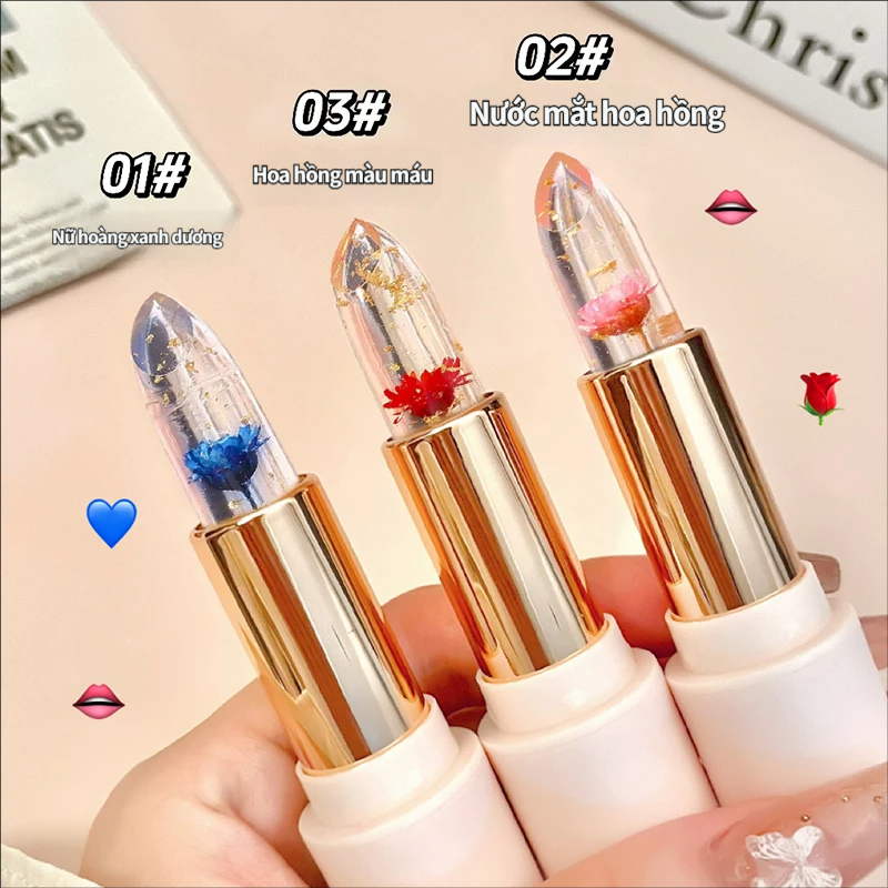 HAI HỒNG Pha Lê Trong Suốt Màu Sắc Thay Đổi Cánh Hoa Son Môi Ấm Áp Cảm Giác Ngàn Người Ngàn Màu Sắc Dưỡng Ẩm Son Môi Hoa Trong Suốt Không Dễ Dính Cốc Mặt Trơn Làm Trắng Môi Ba Màu Có Sẵn