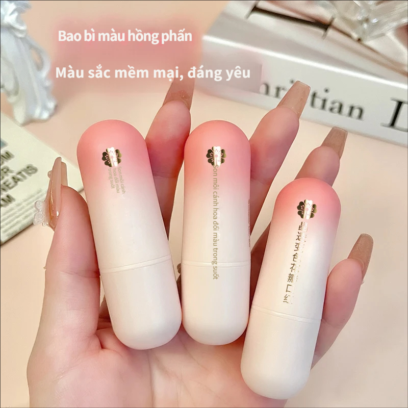 HAI HỒNG Pha Lê Trong Suốt Màu Sắc Thay Đổi Cánh Hoa Son Môi Ấm Áp Cảm Giác Ngàn Người Ngàn Màu Sắc Dưỡng Ẩm Son Môi Hoa Trong Suốt Không Dễ Dính Cốc Mặt Trơn Làm Trắng Môi Ba Màu Có Sẵn