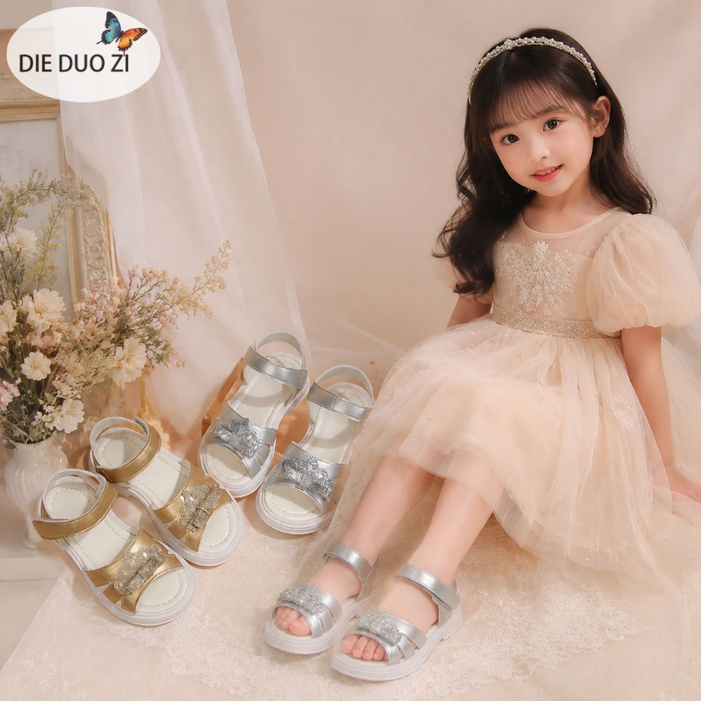 Xăng đan Công Chúa Kim Cương Giả Bé Gái, Xăng đan Mũi Mở Bằng Kim Loại Bạc / Vàng, Dây Đeo Mắt Cá Chân Có Thể Điều Chỉnh Đế Cao Su Chống Trơn Trượt Trẻ Em Mùa Hè Giày