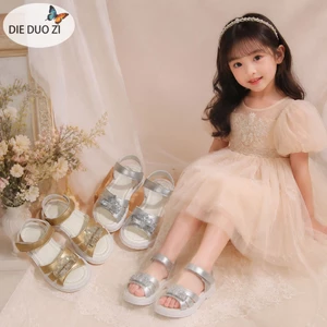 Xăng đan Công Chúa Kim Cương Giả Bé Gái, Xăng đan Mũi Mở Bằng Kim Loại Bạc / Vàng, Dây Đeo Mắt Cá Chân Có Thể Điều Chỉnh Đế Cao Su Chống Trơn Trượt Trẻ Em Mùa Hè Giày