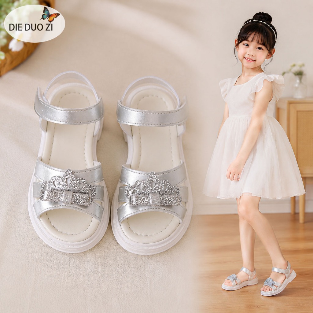 Xăng đan Công Chúa Kim Cương Giả Bé Gái, Xăng đan Mũi Mở Bằng Kim Loại Bạc / Vàng, Dây Đeo Mắt Cá Chân Có Thể Điều Chỉnh Đế Cao Su Chống Trơn Trượt Trẻ Em Mùa Hè Giày
