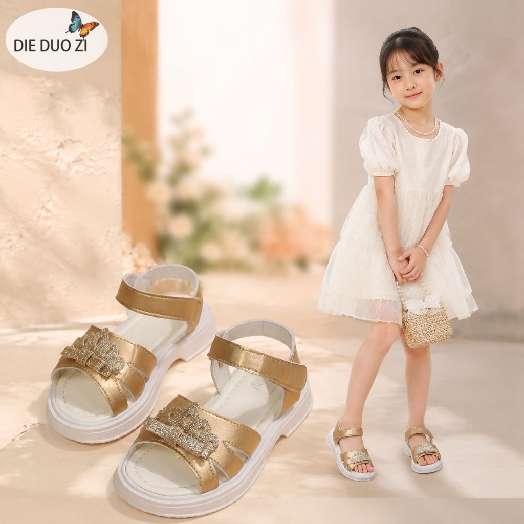 Xăng đan Công Chúa Kim Cương Giả Bé Gái, Xăng đan Mũi Mở Bằng Kim Loại Bạc / Vàng, Dây Đeo Mắt Cá Chân Có Thể Điều Chỉnh Đế Cao Su Chống Trơn Trượt Trẻ Em Mùa Hè Giày