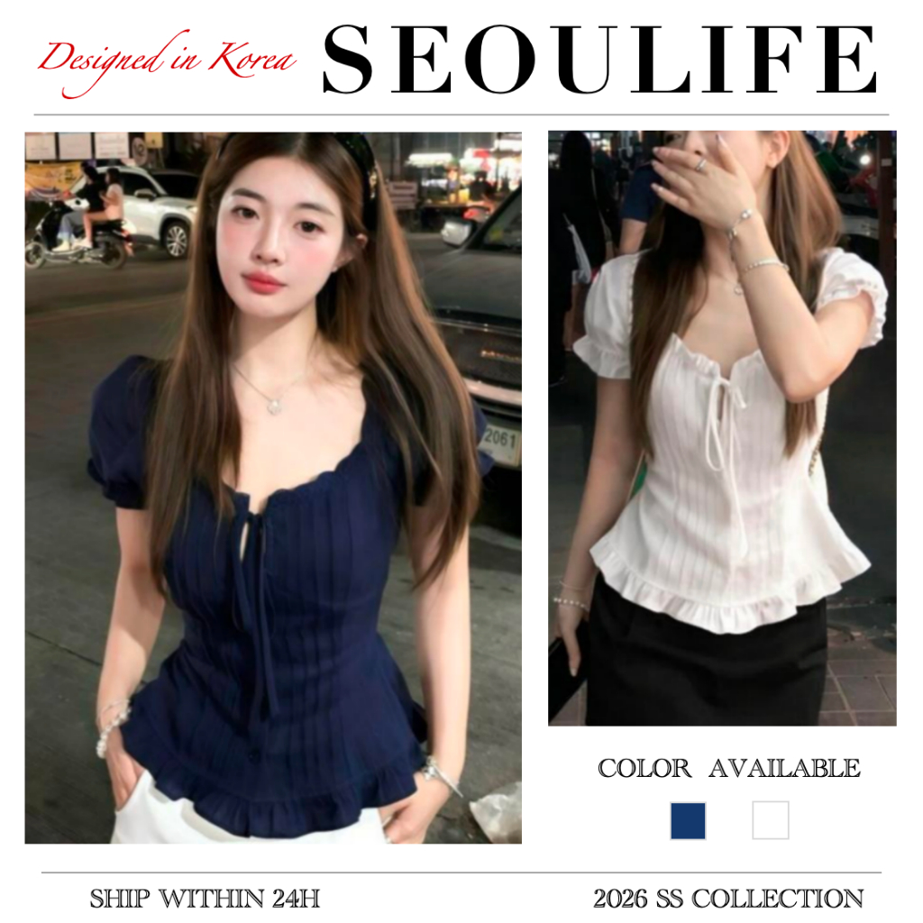 SEOULIFE | Mùa Xuân Mùa Hè 2026 Hàn Quốc Babydoll Puff Tay Áo Ren Ruffle Sweet Bow Tie Slim Fit Áo Sơ Mi Top Cho Hẹn Hò Hàng Ngày Và Đi Chơi, Đa Năng, Giảm Béo Và Sáng Da