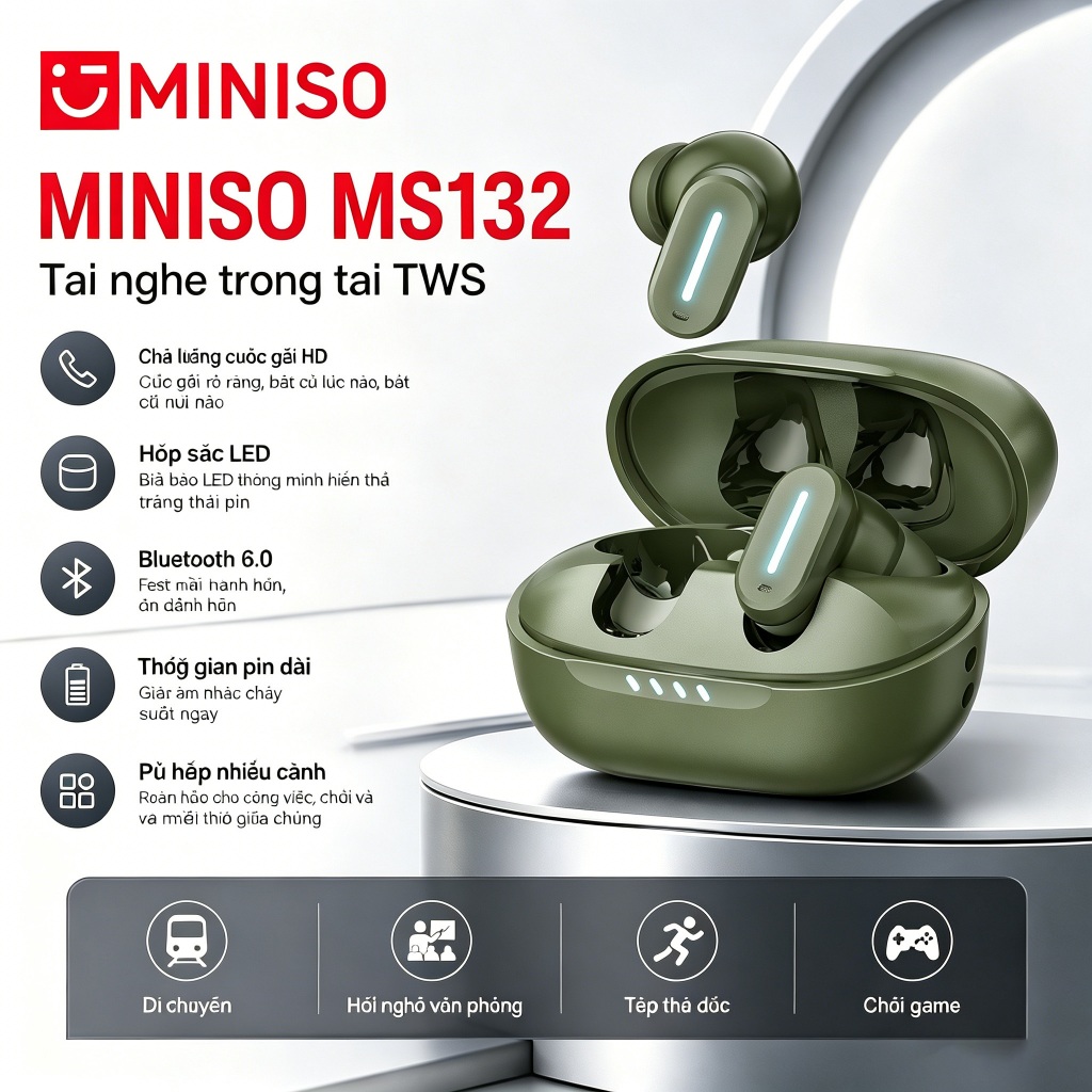 MINISO MS132 Tai nghe Bluetooth True Wireless  Bluetooth 6.0, độ trễ cực thấp, công nghệ chống ồn chủ động ENC. | BigBuy360 - bigbuy360.vn