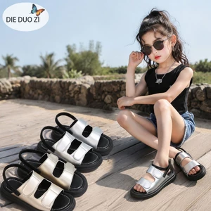 Dép trượt kim loại hai dây cho bé gái, Dép bệt mũi mở có dây đeo lưng, đế cao su chống trượt cho trẻ em Dép thể thao thông thường mùa hè Vàng bạc