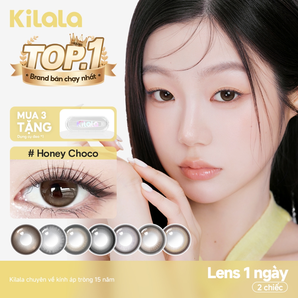 Kính áp tròng Kilala lens 1 ngày màu xám  DIA 14.0mm 14.2mm 14.5mm và màu xám Ice Oolong Brown,Ice Peach Grey,Honey Choco,Felinae Grey, Cold water Black lens cận 1 ngày có độ (0-7) 2 chiếc