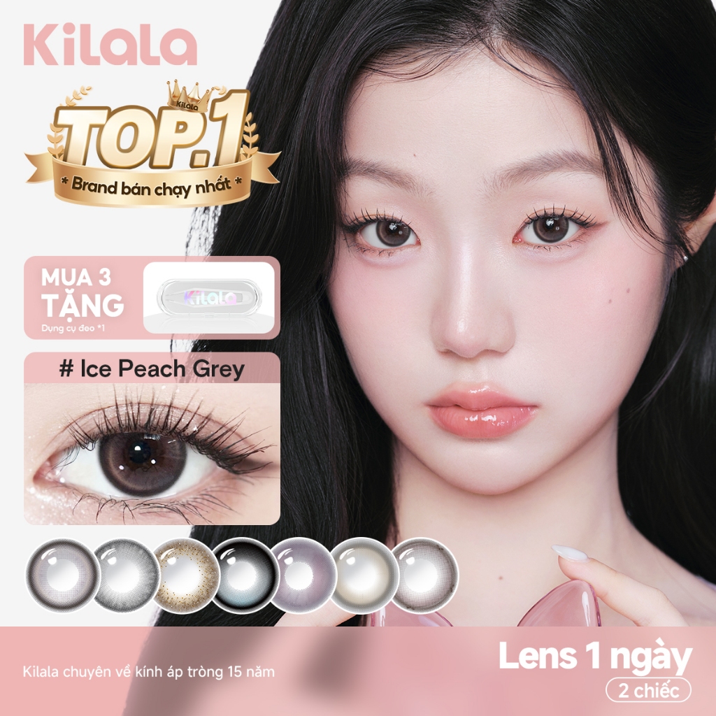 Kính áp tròng Kilala lens 1 ngày màu xám  DIA 14.0mm 14.2mm 14.5mm Ice Peach Grey,Chestnut Milk Brown,Amber Rose​,Starry Blue và màu xám  lens cận  có độ (0-7) 2 chiếc