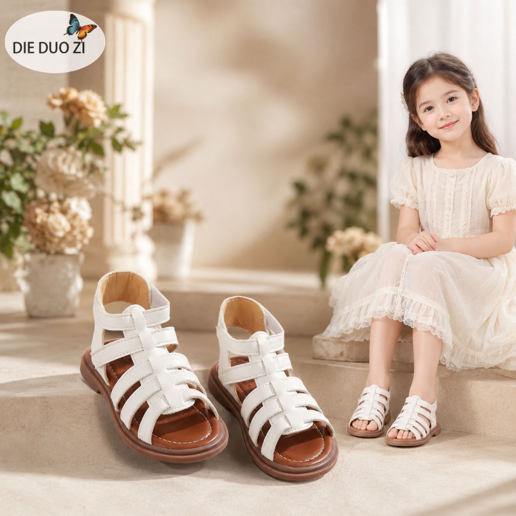 Xăng đan Nữ Đấu Sĩ La Mã, Xăng đan Đế Bằng Bằng Dệt Ngón Chân, Đế Cao Su Mềm Chống Trơn Trượt Mùa Hè Giày Cho Bé Gái Tập Đi