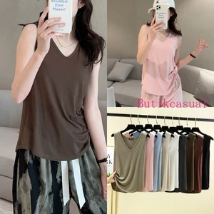 Áo sơ mi nữ cổ chữ v trơn rộng không tay thoải mái mềm mại mỏng co giãn áo sơ mi nữ mùa hè 2024 mùa xuân đáy áo sơ mi giản dị