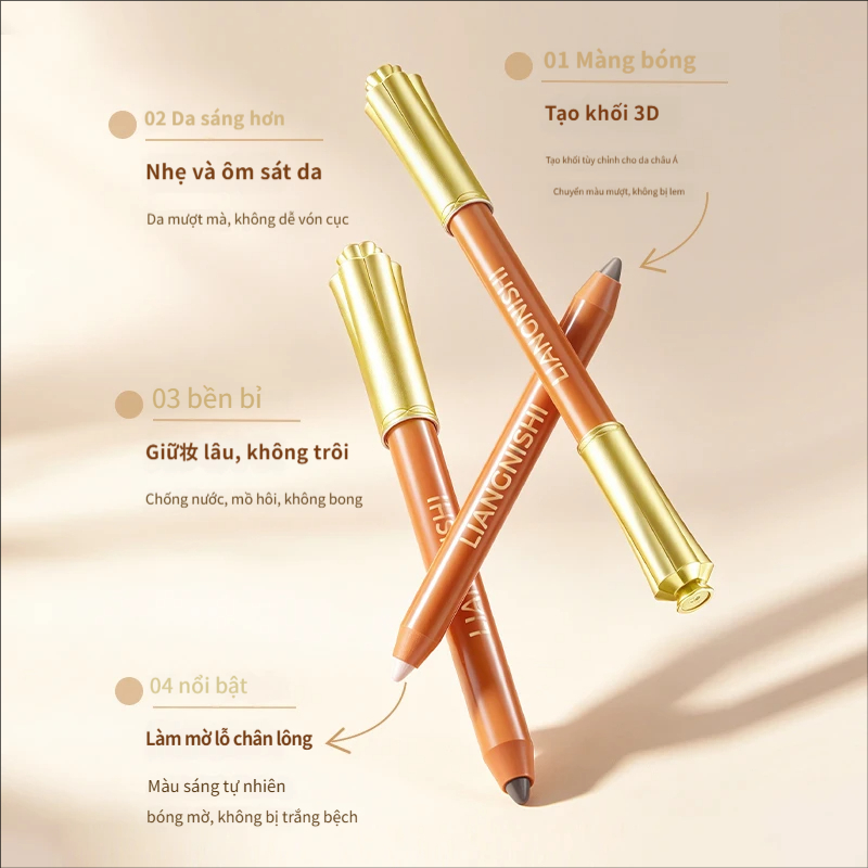 Liangnishi Double-Headed Cutable Contouring Stick Highlight Shadow Bút định hình hai trong một Người mới biết tự nhiên Ba chiều Mũi Shadow Side Face Brightening Concealer Trang điểm không thấm nước Giữ không cất cánh Trang điểm Retouch Face Trầm cảm Định