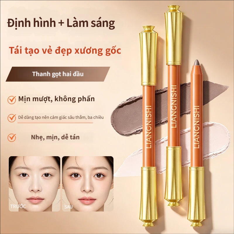 Liangnishi Double-Headed Cutable Contouring Stick Highlight Shadow Bút định hình hai trong một Người mới biết tự nhiên Ba chiều Mũi Shadow Side Face Brightening Concealer Trang điểm không thấm nước Giữ không cất cánh Trang điểm Retouch Face Trầm cảm Định