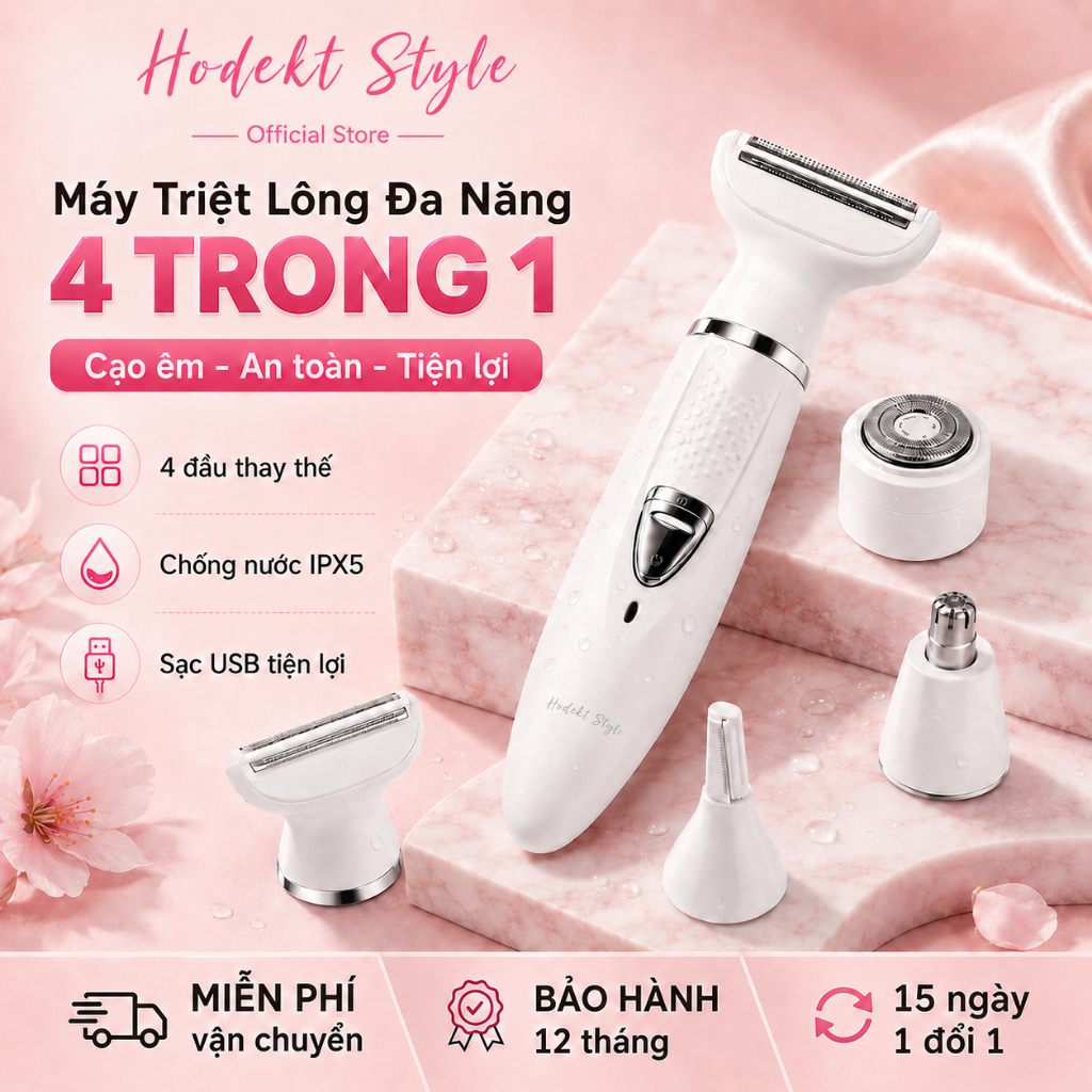 Máy Triệt Lông Đa Năng 4 Trong 1 HODEKT Chống Nước IPX5 Đèn LED Sạc Type-C Dùng Cho Toàn Thân