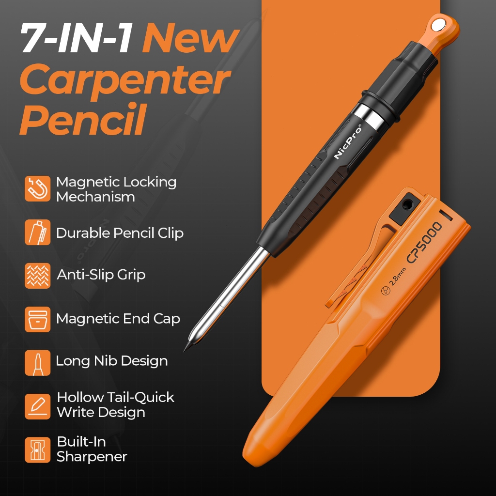 Bút chì thợ mộc từ tính Nicpro CP5000 có máy mài, Bút chì cơ khí 2,8mm + 10 lần nạp lại, Bút đánh dấu lỗ sâu để xây dựng, Bút chì chế biến gỗ với công cụ bán tải từ tính, Carpent