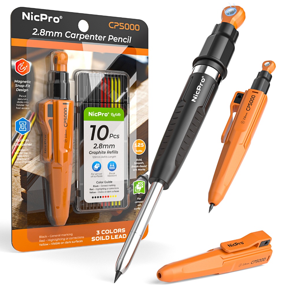Bút chì thợ mộc từ tính Nicpro CP5000 có máy mài, Bút chì cơ khí 2,8mm + 10 lần nạp lại, Bút đánh dấu lỗ sâu để xây dựng, Bút chì chế biến gỗ với công cụ bán tải từ tính, Carpent