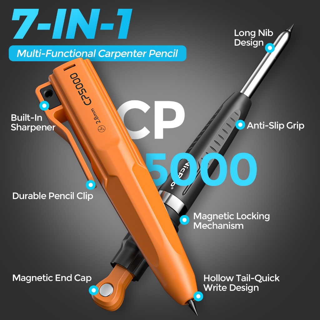 Bút chì thợ mộc từ tính Nicpro CP5000 có máy mài, Bút chì cơ khí 2,8mm + 10 lần nạp lại, Bút đánh dấu lỗ sâu để xây dựng, Bút chì chế biến gỗ với công cụ bán tải từ tính, Carpent