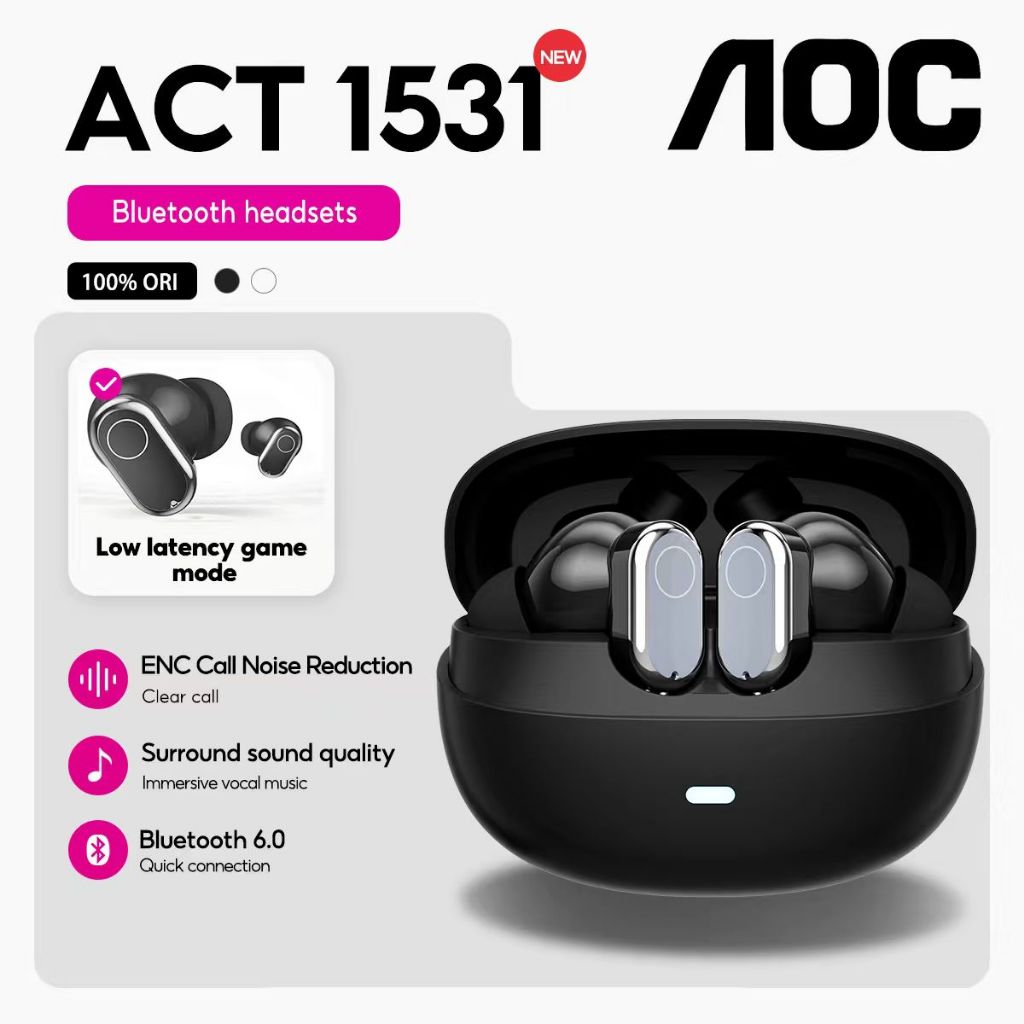 Tai nghe không dây AOC ACT-1531 Tai nghe Bluetooth 6.0 360 Âm thanh vòm không gian Màng tùy chỉnh Tai nghe chơi game có độ trễ thấp 20H Thời gian chơi Điều khiển cảm ứng iOS Android | BigBuy360 - bigbuy360.vn