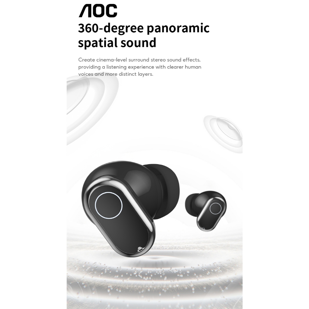 Tai nghe không dây AOC ACT-1531 Tai nghe Bluetooth 6.0 360 Âm thanh vòm không gian Màng tùy chỉnh Tai nghe chơi game có độ trễ thấp 20H Thời gian chơi Điều khiển cảm ứng iOS Android | BigBuy360 - bigbuy360.vn
