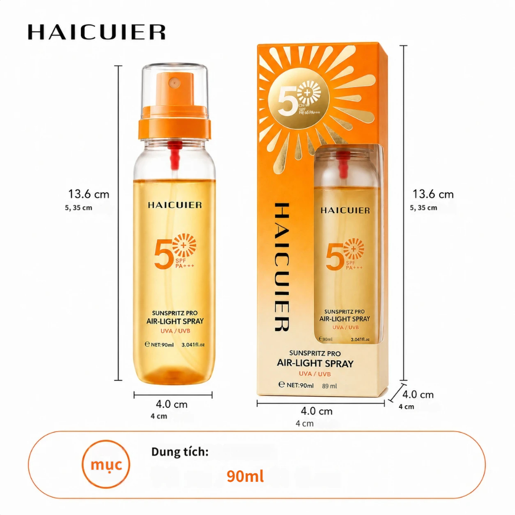 Xịt chống nắng cảm giác không khí thấm nhẹ HAICUIER, SPF50 Chống tia cực tím UVAUVB, Làm mới không nghiêm trọng, Kem chống nắng di động toàn thân đi lại ngoài trời 90ml