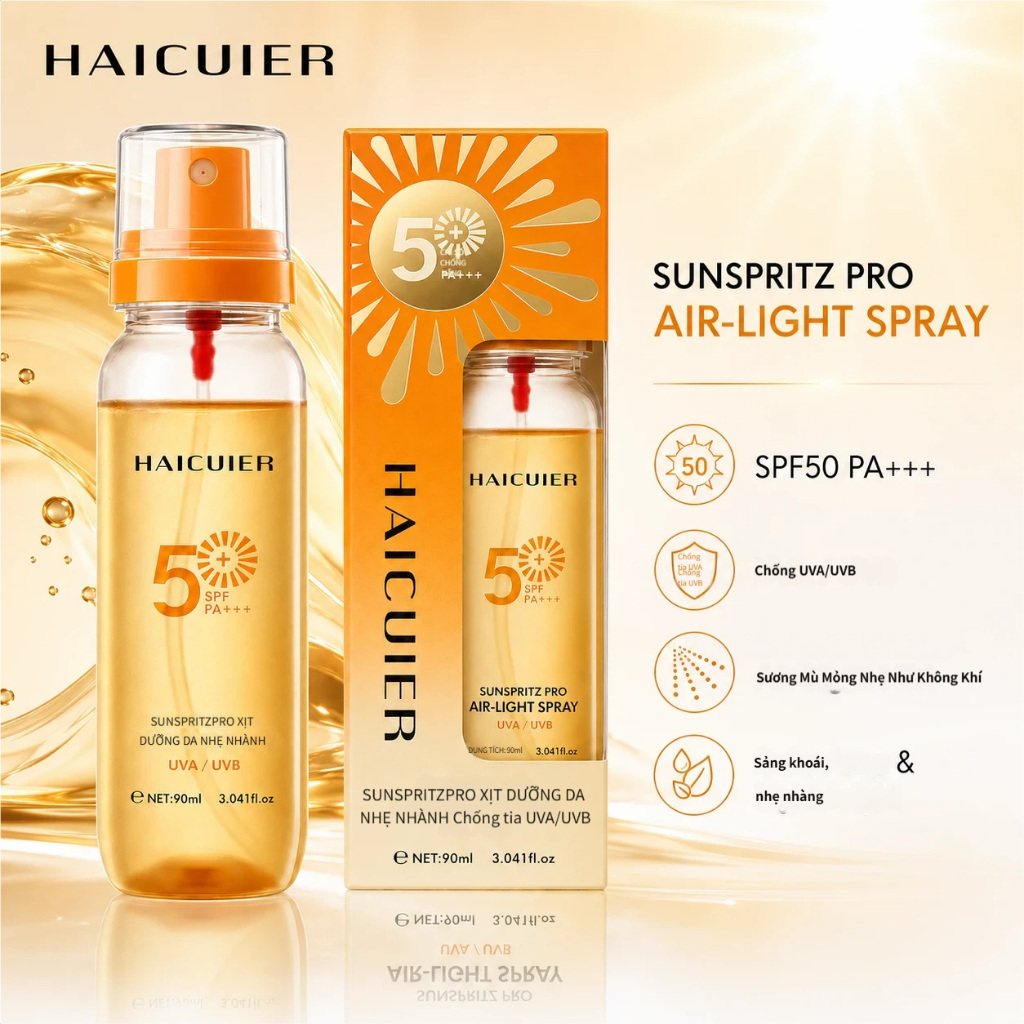 Xịt chống nắng cảm giác không khí thấm nhẹ HAICUIER, SPF50 Chống tia cực tím UVAUVB, Làm mới không nghiêm trọng, Kem chống nắng di động toàn thân đi lại ngoài trời 90ml