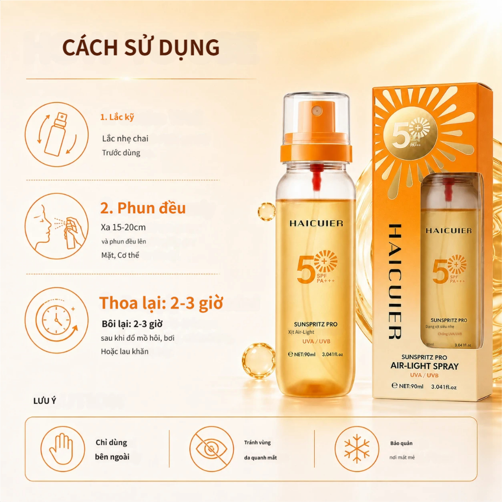 Xịt chống nắng cảm giác không khí thấm nhẹ HAICUIER, SPF50 Chống tia cực tím UVAUVB, Làm mới không nghiêm trọng, Kem chống nắng di động toàn thân đi lại ngoài trời 90ml