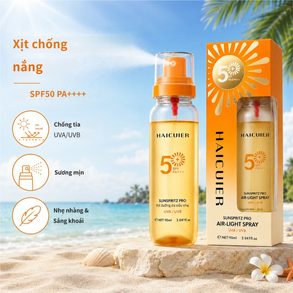Xịt chống nắng cảm giác không khí thấm nhẹ HAICUIER, SPF50 Chống tia cực tím UVAUVB, Làm mới không nghiêm trọng, Kem chống nắng di động toàn thân đi lại ngoài trời 90ml