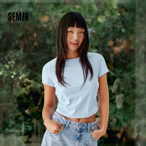 Semir Làm Mát Độ Ẩm Xẻ Nhanh Khô Tay Ngắn Áo Nữ Mùa Hè Crop Thường Đeo Vai Ruched Slim Top